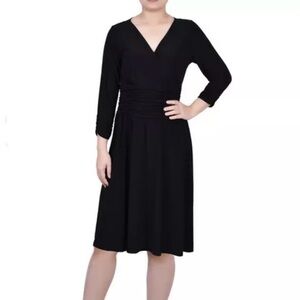 NY Collection black faux wrap knit v neck draped dress size large